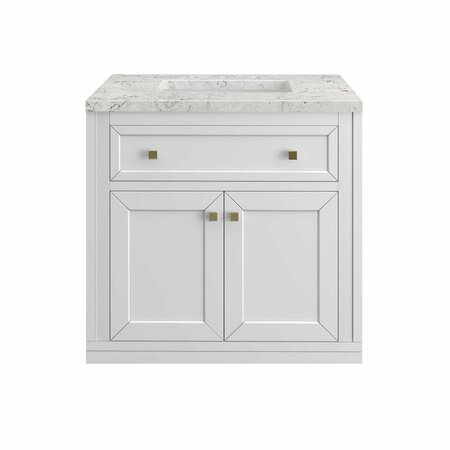 JAMES MARTIN VANITIES Chicago 30in Single Vanity, Glossy White w/ 3 CM Eternal Jasmine Pearl Top 305-V30-GW-3EJP